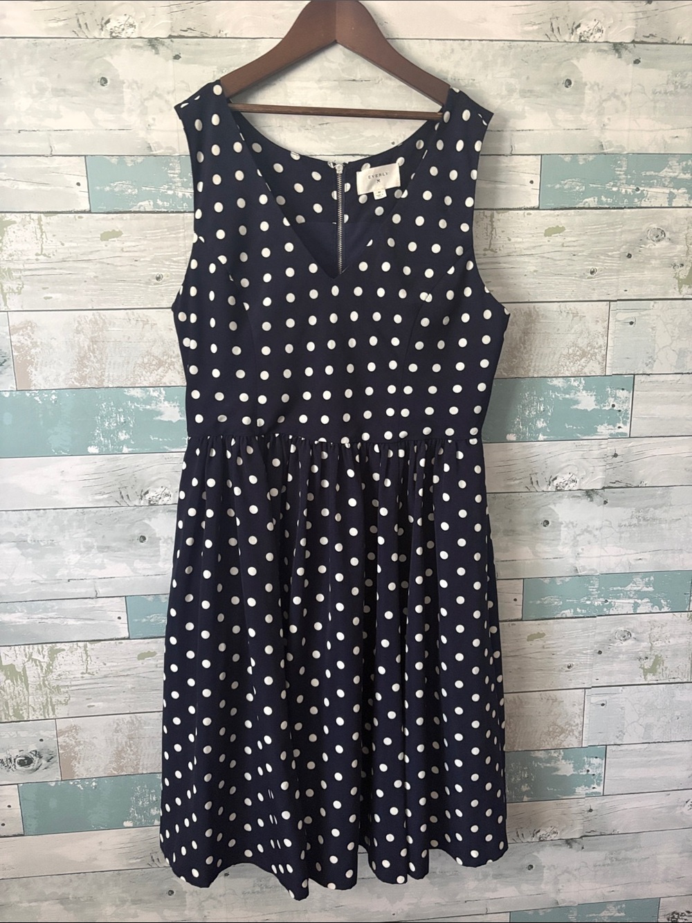 Anthropologie EVERLY Navy and White Polka Dot Midi Dress